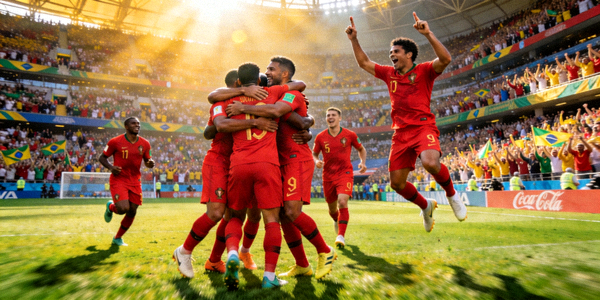 巴西国家男子足球队在绿茵场上庆祝进球的精彩瞬间