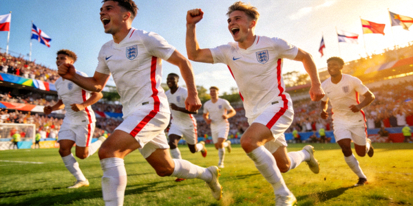 英格兰队年轻球员在世界杯赛场上激情奔跑的团队照片